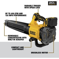 DEWALT Sopladora de hojas Inalámbrica 125 MPH, 450 CFM Portátil MAX* XR de 20 V