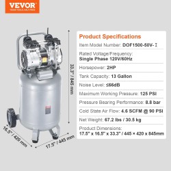 VEVOR Compresor de aire de 13 Gal. sin aceite de 2HP 4.6 SCFM a 90PSI, ultrasilencioso de 66dB