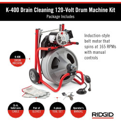 RIDGID 52363 K-400 Kit máquina de tambor de limpieza de drenaje de 110 V con cable C-32IW de 3/8 pulgadas x 75 pies