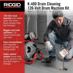 RIDGID 52363 K-400 Kit máquina de tambor de limpieza de drenaje de 110 V con cable C-32IW de 3/8 pulgadas x 75 pies